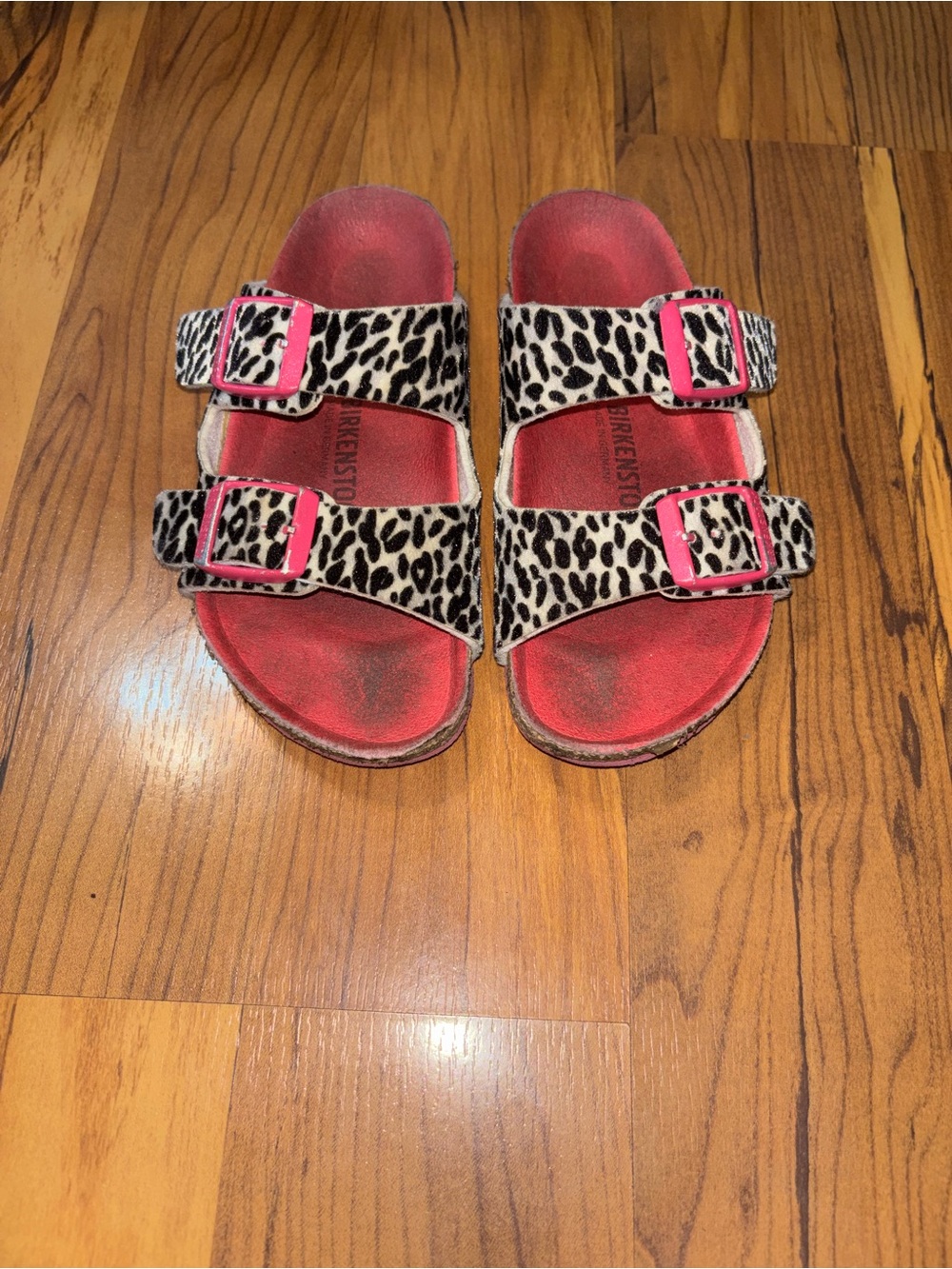 Girls Birkenstock Leopard Print Double Strap Sandals with Hot Pink Buckles